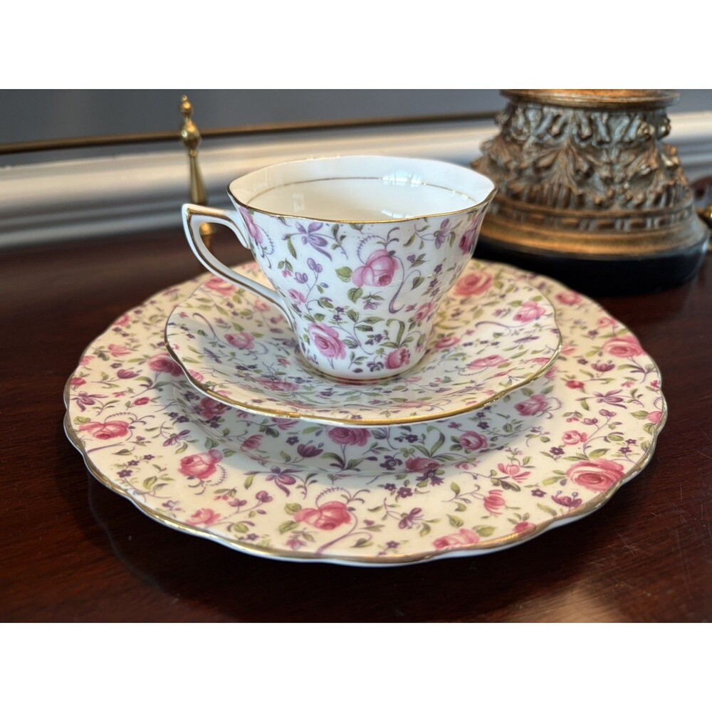 Rosina Tea Cup & Saucer & Plate Set Rose Chintz Violets Fine Bone China England